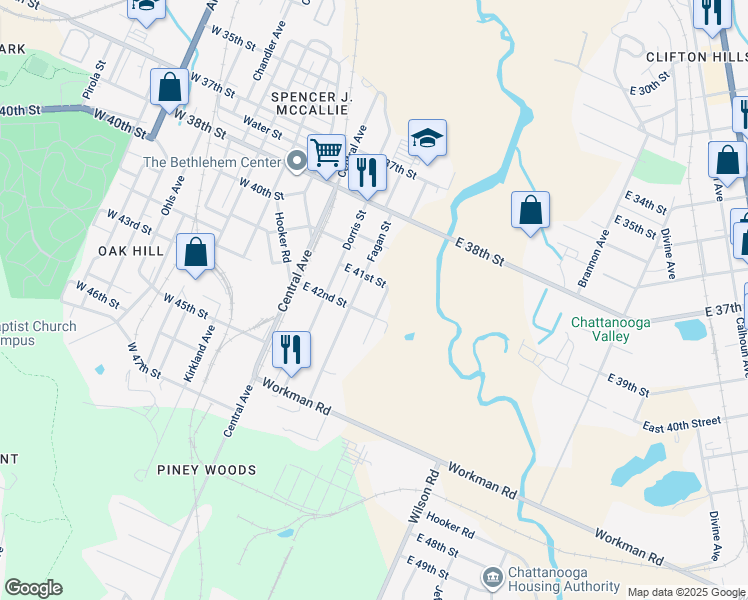 map of restaurants, bars, coffee shops, grocery stores, and more near 4221 Quinn Adams Street in Chattanooga