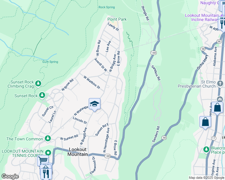 map of restaurants, bars, coffee shops, grocery stores, and more near 514 East Brow Road in Lookout Mountain