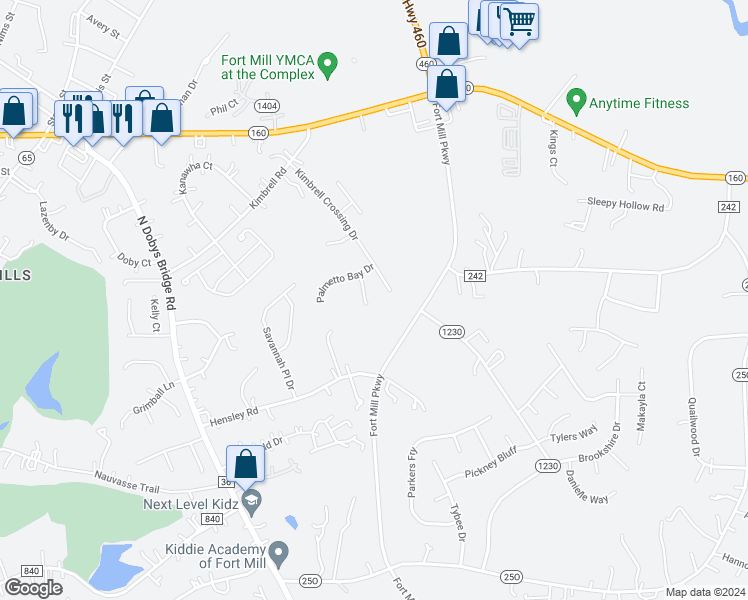 map of restaurants, bars, coffee shops, grocery stores, and more near 919 Oleander Branch Court in Fort Mill