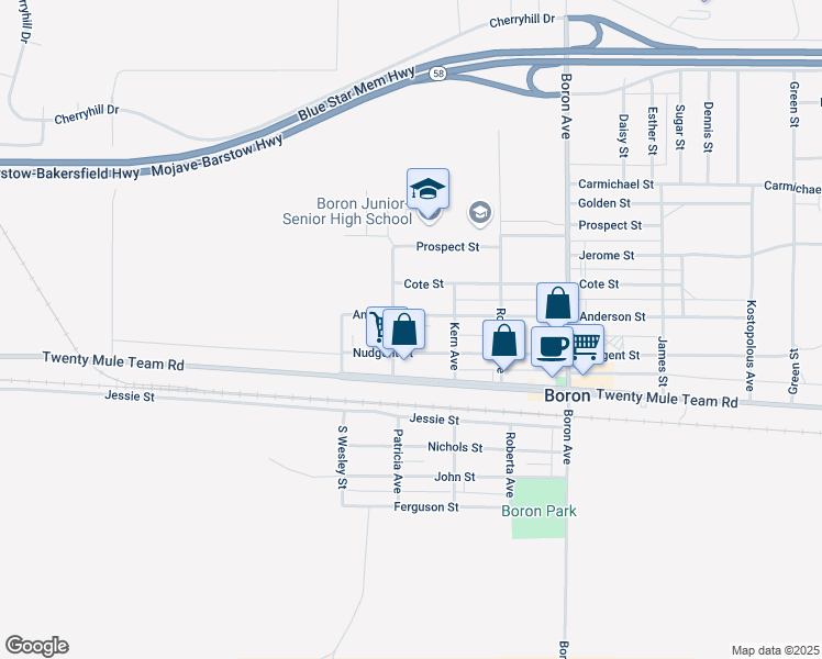 map of restaurants, bars, coffee shops, grocery stores, and more near 26611 Nudgent Street in Boron