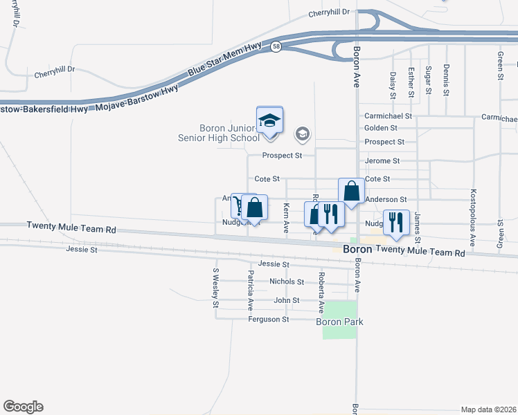 map of restaurants, bars, coffee shops, grocery stores, and more near 26611 Nudgent Street in Boron