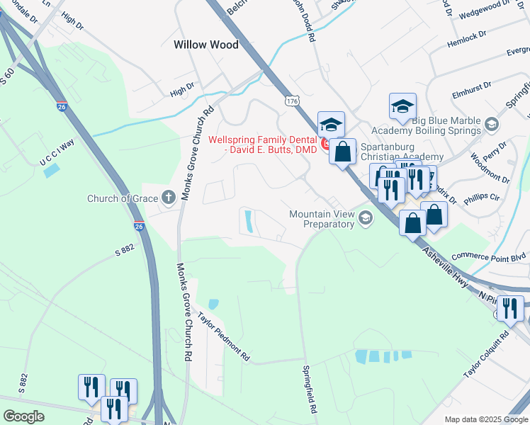 map of restaurants, bars, coffee shops, grocery stores, and more near 191 West Drive in Spartanburg