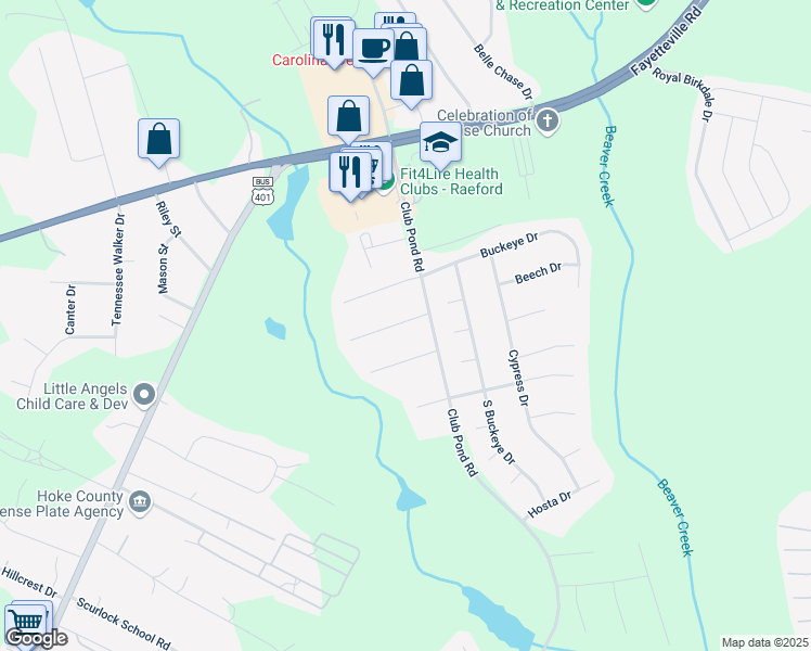 map of restaurants, bars, coffee shops, grocery stores, and more near 145 Centipede Lane in Raeford