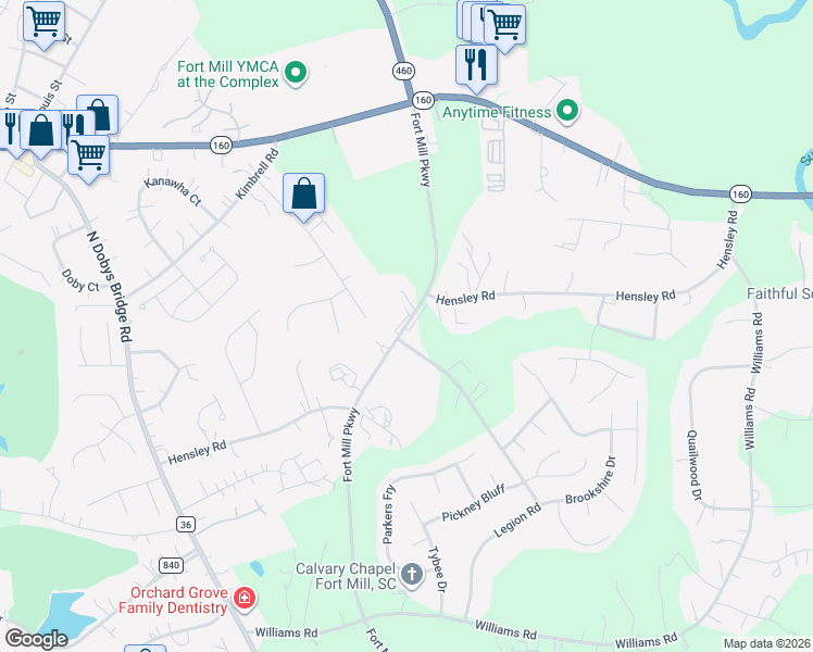 map of restaurants, bars, coffee shops, grocery stores, and more near 1500 Fort Mill Parkway in Fort Mill