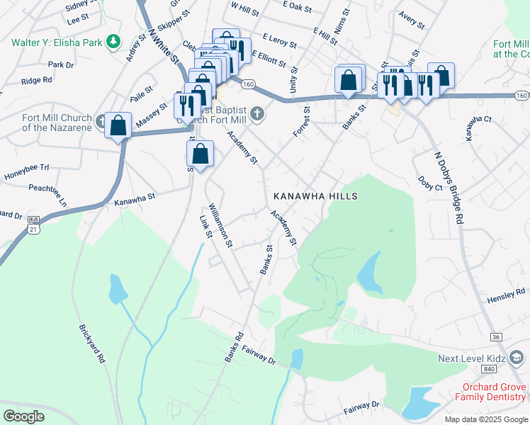 map of restaurants, bars, coffee shops, grocery stores, and more near 103 Patterson Street in Fort Mill