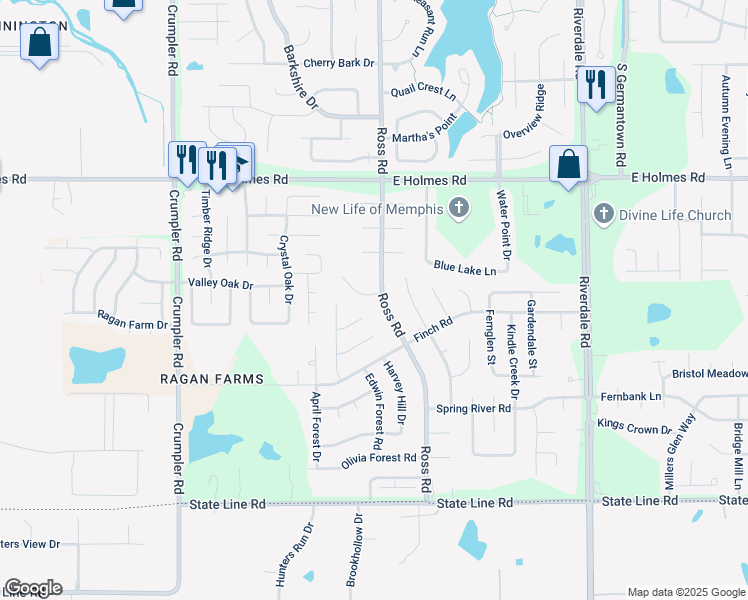map of restaurants, bars, coffee shops, grocery stores, and more near 5395 Ross Road in Memphis