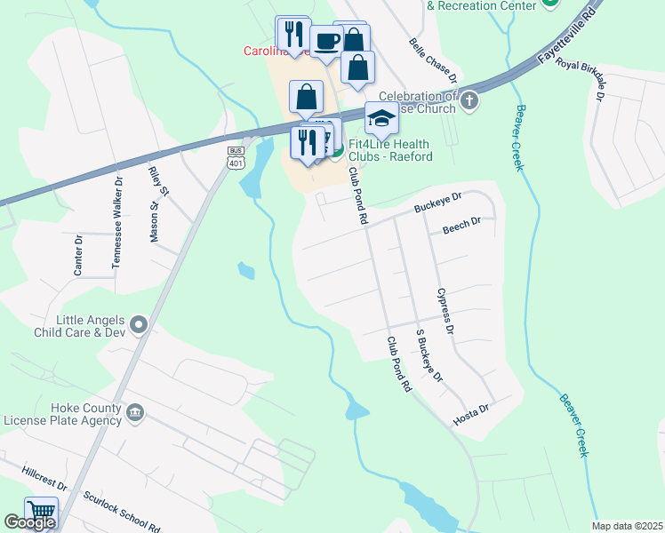 map of restaurants, bars, coffee shops, grocery stores, and more near 188 Centipede Lane in Raeford