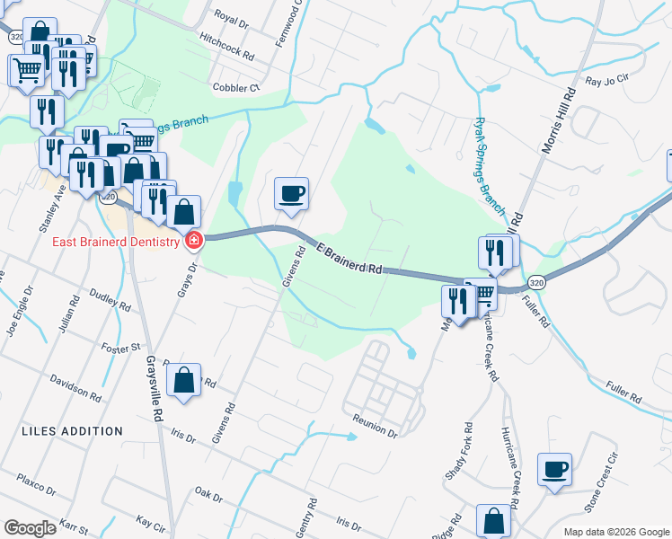 map of restaurants, bars, coffee shops, grocery stores, and more near 8442 1/2 East Brainerd Road in Chattanooga