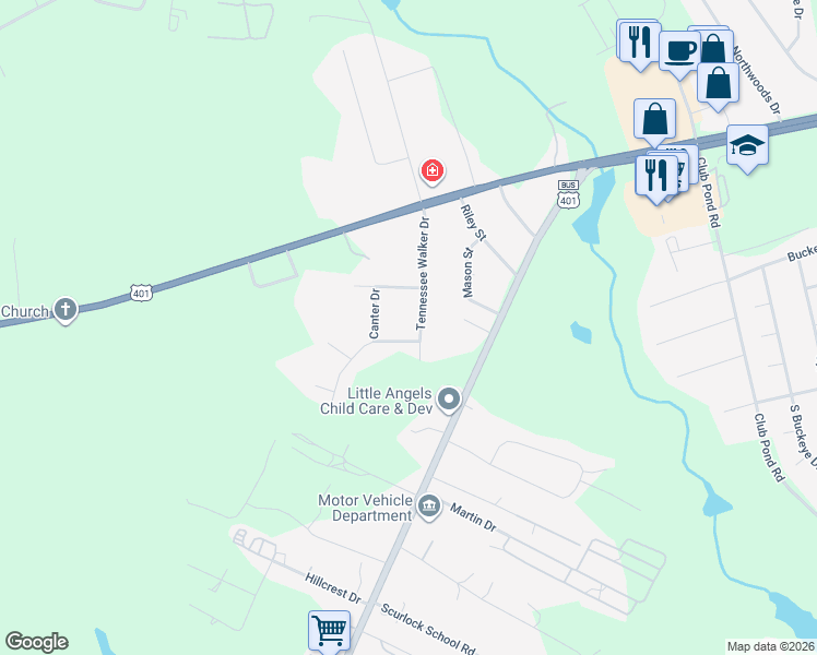 map of restaurants, bars, coffee shops, grocery stores, and more near 165 Belmont Drive in Raeford
