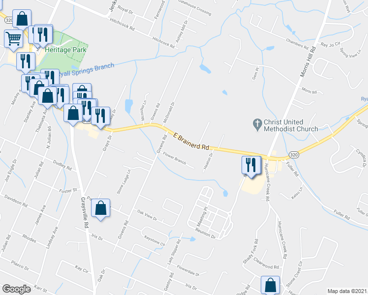 map of restaurants, bars, coffee shops, grocery stores, and more near 8442 1/2 East Brainerd Road in Chattanooga