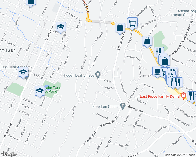 map of restaurants, bars, coffee shops, grocery stores, and more near 3400 Lisa Drive in Chattanooga