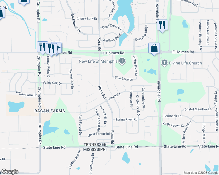 map of restaurants, bars, coffee shops, grocery stores, and more near 5392 Stephen Forest Cove in Memphis