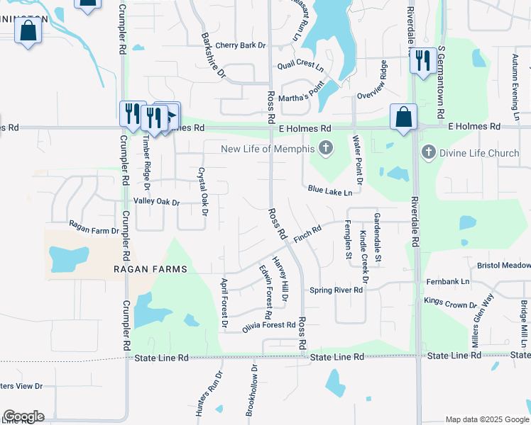 map of restaurants, bars, coffee shops, grocery stores, and more near 5395 Ross Road in Memphis