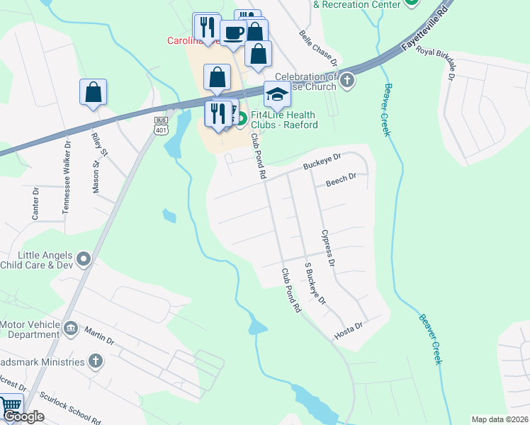 map of restaurants, bars, coffee shops, grocery stores, and more near 118 Rye Lane in Raeford