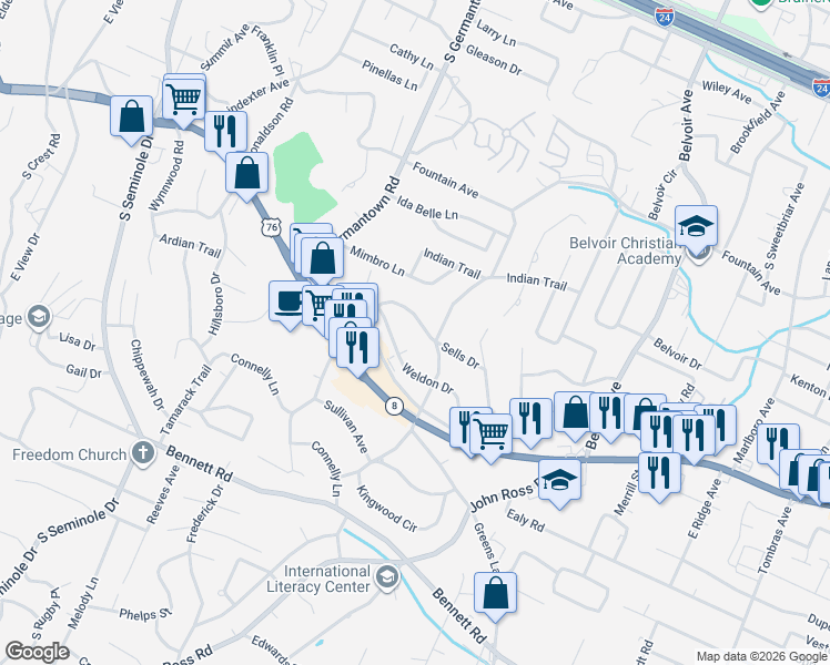 map of restaurants, bars, coffee shops, grocery stores, and more near 3619 Weldon Drive in Chattanooga