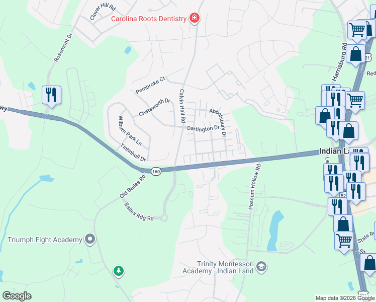 map of restaurants, bars, coffee shops, grocery stores, and more near 3810 Tupelo Lane in Indian Land