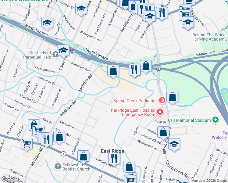 map of restaurants, bars, coffee shops, grocery stores, and more near 910 Sunnydell Circle in Chattanooga