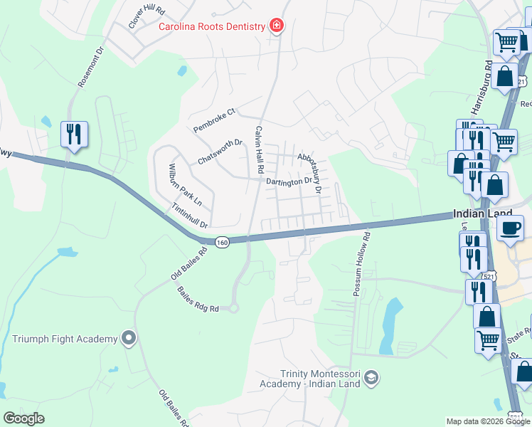 map of restaurants, bars, coffee shops, grocery stores, and more near 3810 Tupelo Lane in Indian Land