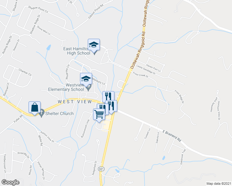 map of restaurants, bars, coffee shops, grocery stores, and more near 9633 Ethridge Lane in Ooltewah