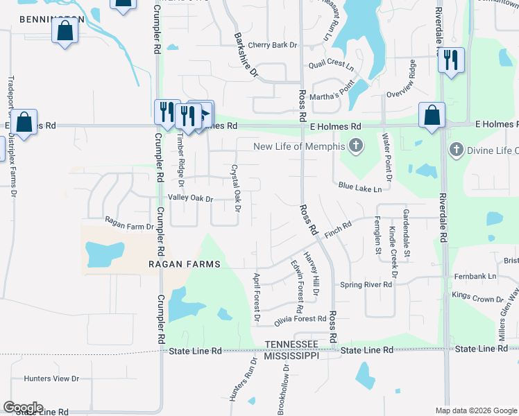 map of restaurants, bars, coffee shops, grocery stores, and more near 6613 Nutall Oak Cove in Memphis