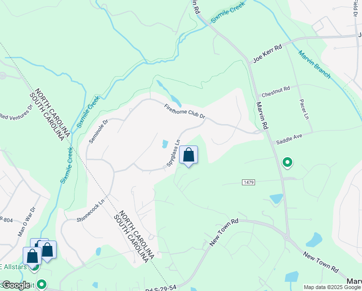 map of restaurants, bars, coffee shops, grocery stores, and more near 1025 Spyglass Lane in Waxhaw