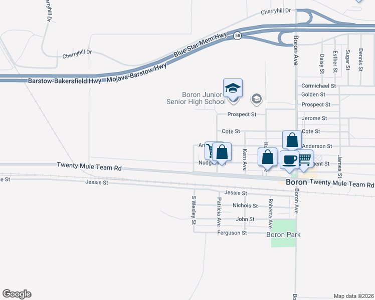 map of restaurants, bars, coffee shops, grocery stores, and more near 26535 Nudgent Street in Boron