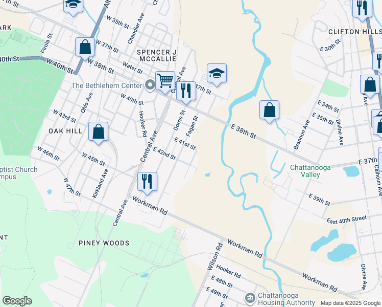 map of restaurants, bars, coffee shops, grocery stores, and more near 4221 Quinn Adams Street in Chattanooga
