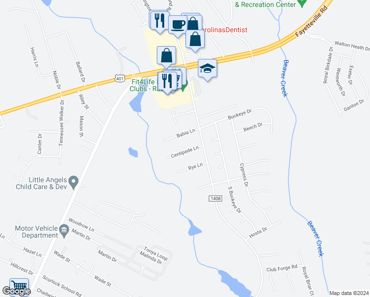 map of restaurants, bars, coffee shops, grocery stores, and more near 174 Centipede Lane in Raeford