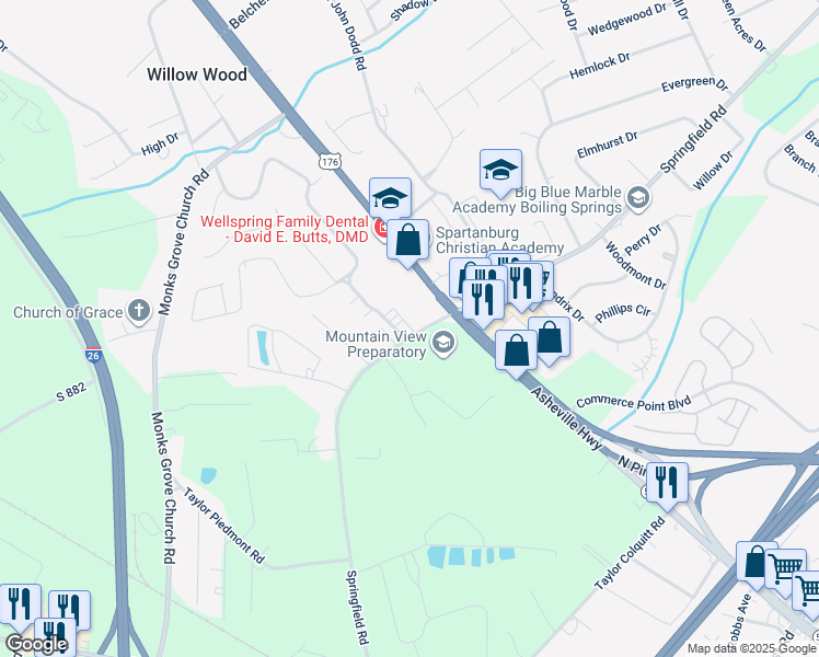 map of restaurants, bars, coffee shops, grocery stores, and more near 750 Springfield Road in Spartanburg