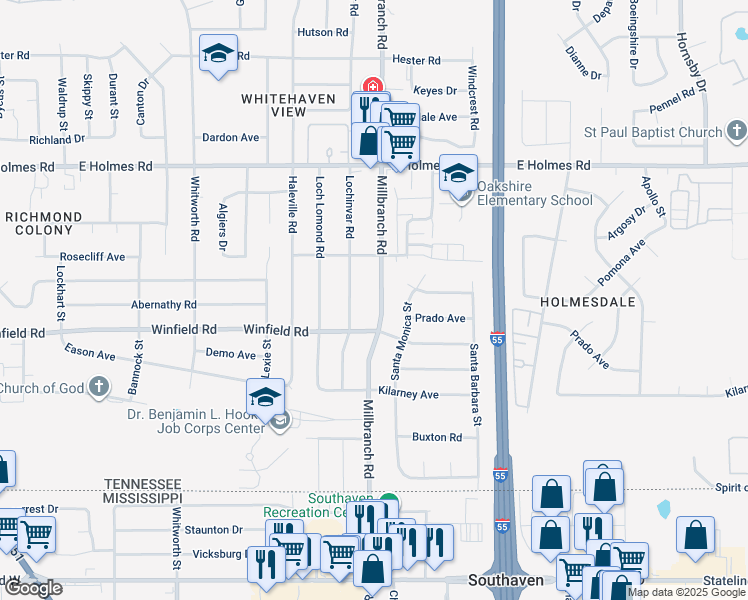 map of restaurants, bars, coffee shops, grocery stores, and more near 5375 Millbranch Road in Memphis