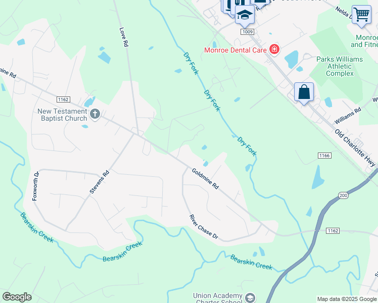 map of restaurants, bars, coffee shops, grocery stores, and more near 2308 Goldmine Road in Monroe