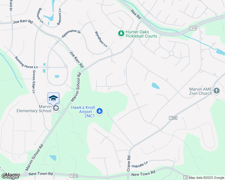map of restaurants, bars, coffee shops, grocery stores, and more near 1508 War Admiral Lane in Waxhaw