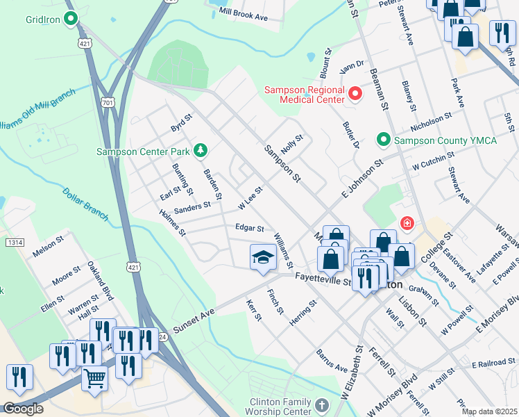 map of restaurants, bars, coffee shops, grocery stores, and more near 100-198 W Lee St in Clinton
