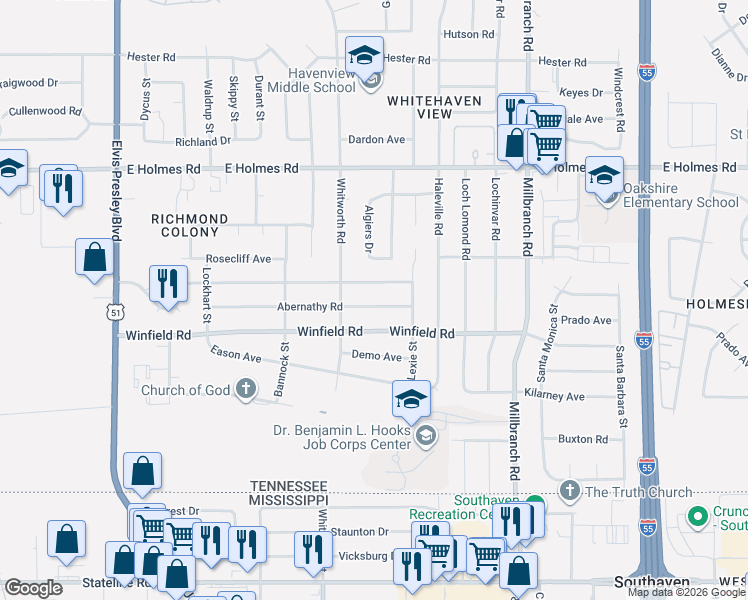 map of restaurants, bars, coffee shops, grocery stores, and more near 1466 Mary Jane Avenue in Memphis