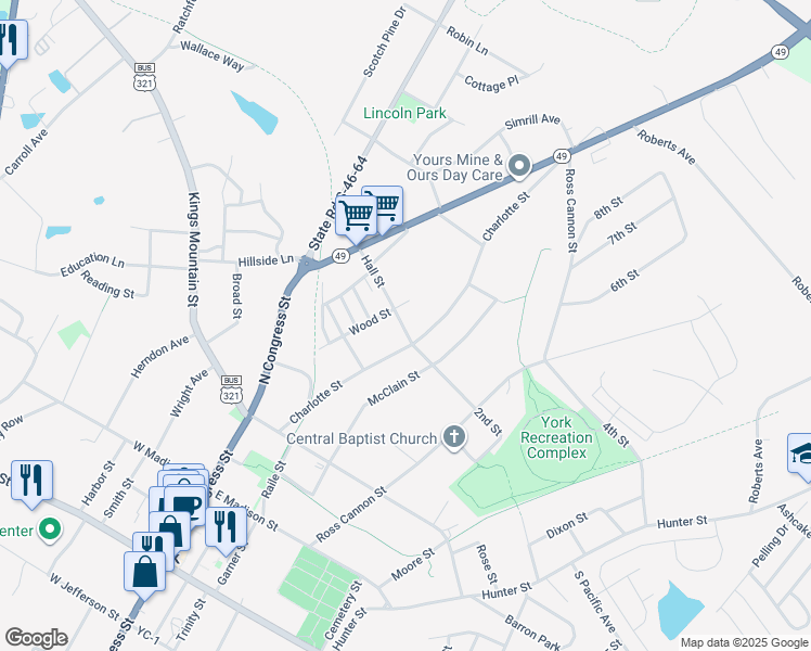 map of restaurants, bars, coffee shops, grocery stores, and more near 171 Hall Street in York