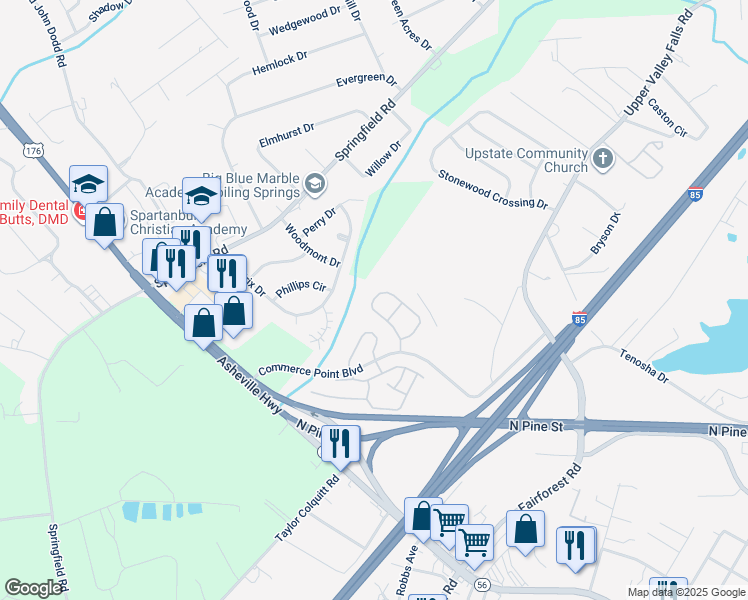map of restaurants, bars, coffee shops, grocery stores, and more near October Lane in Boiling Springs