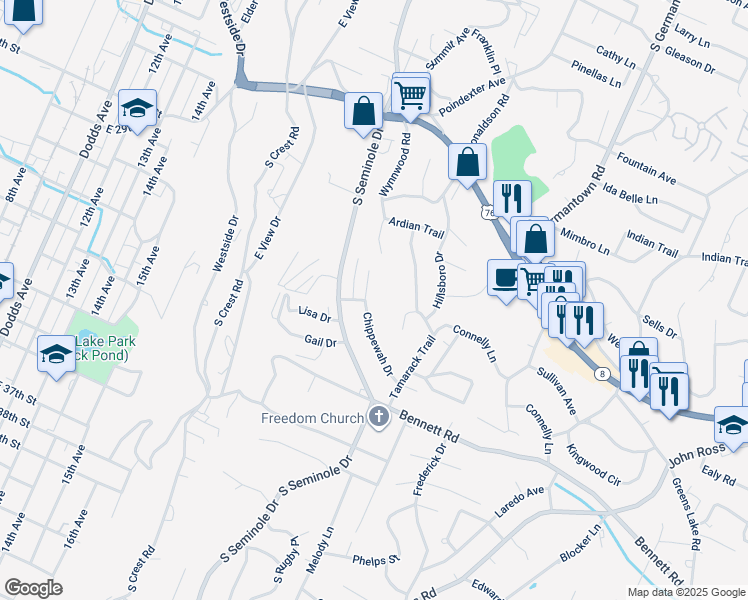 map of restaurants, bars, coffee shops, grocery stores, and more near 1120 Chippewah Drive in Chattanooga