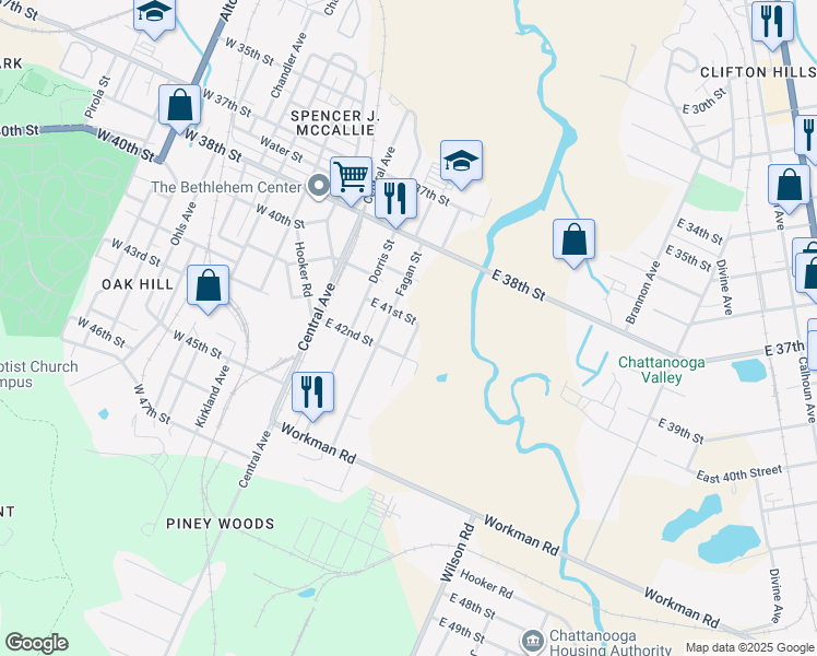 map of restaurants, bars, coffee shops, grocery stores, and more near 4041 Fagan Street in Chattanooga