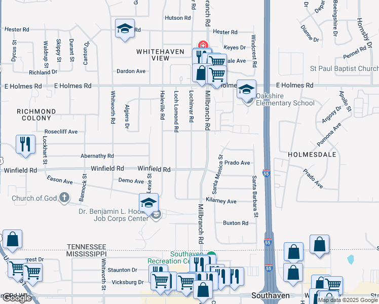 map of restaurants, bars, coffee shops, grocery stores, and more near 5333 Lochinvar Road in Memphis