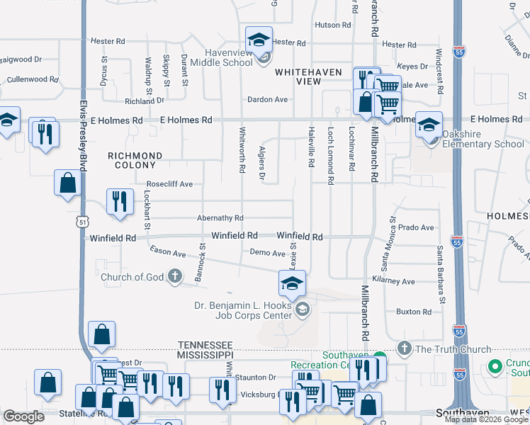 map of restaurants, bars, coffee shops, grocery stores, and more near 1466 Mary Jane Avenue in Memphis