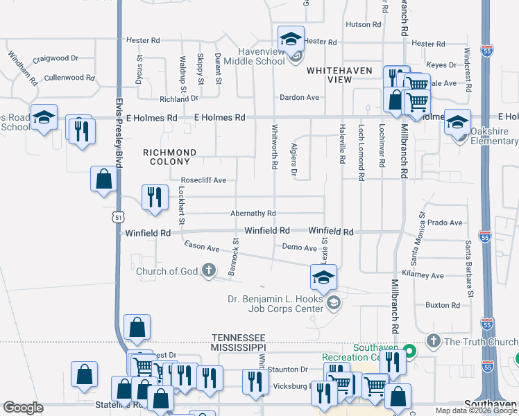 map of restaurants, bars, coffee shops, grocery stores, and more near 1422 Mary Jane Avenue in Memphis