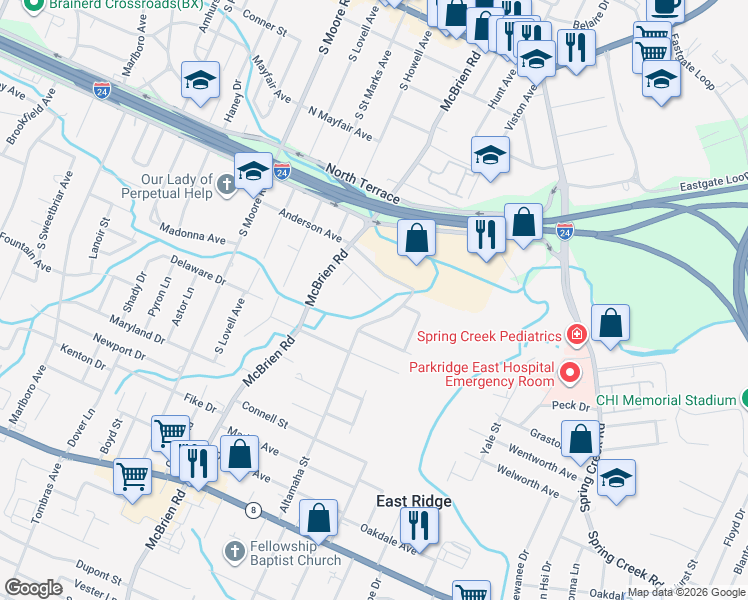 map of restaurants, bars, coffee shops, grocery stores, and more near 5387 Reneau Way in East Ridge
