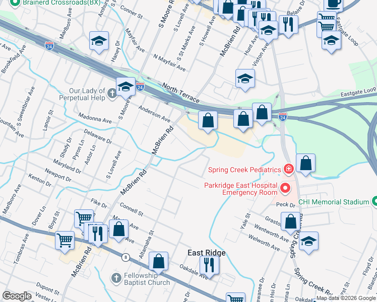 map of restaurants, bars, coffee shops, grocery stores, and more near 5387 Reneau Way in East Ridge