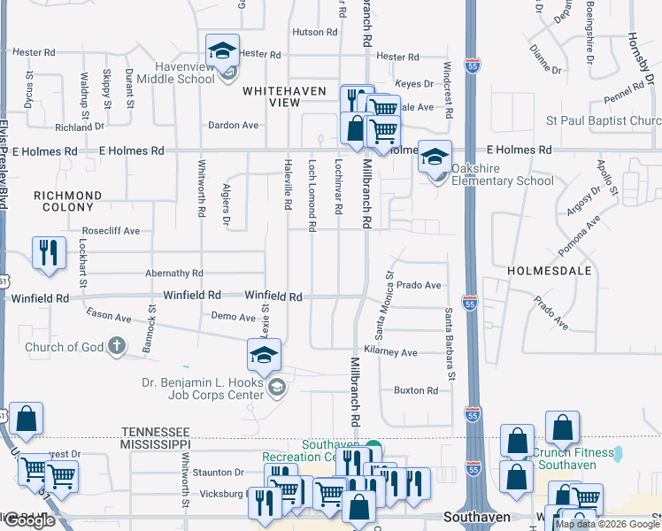 map of restaurants, bars, coffee shops, grocery stores, and more near 5369 Lochinvar Road in Memphis