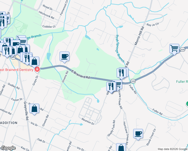 map of restaurants, bars, coffee shops, grocery stores, and more near 1110 Shady Rest Road in Chattanooga