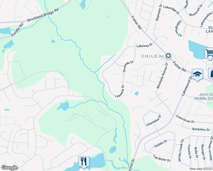 map of restaurants, bars, coffee shops, grocery stores, and more near 6160 Lakeway Drive in Fayetteville