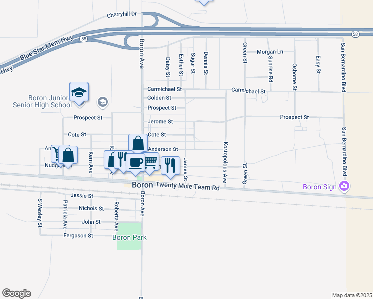 map of restaurants, bars, coffee shops, grocery stores, and more near 27180 Cote Street in Boron