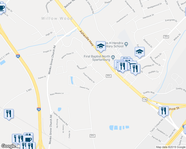 map of restaurants, bars, coffee shops, grocery stores, and more near 11 Melissa Court in Spartanburg