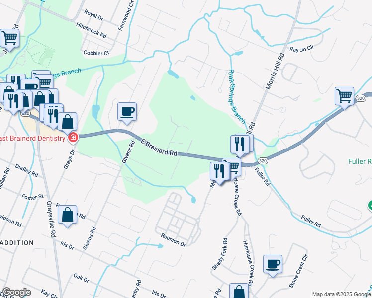 map of restaurants, bars, coffee shops, grocery stores, and more near 1110 Shady Rest Road in Chattanooga