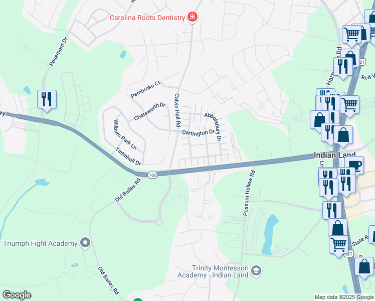 map of restaurants, bars, coffee shops, grocery stores, and more near 6307 Rhodins Lane in Indian Land